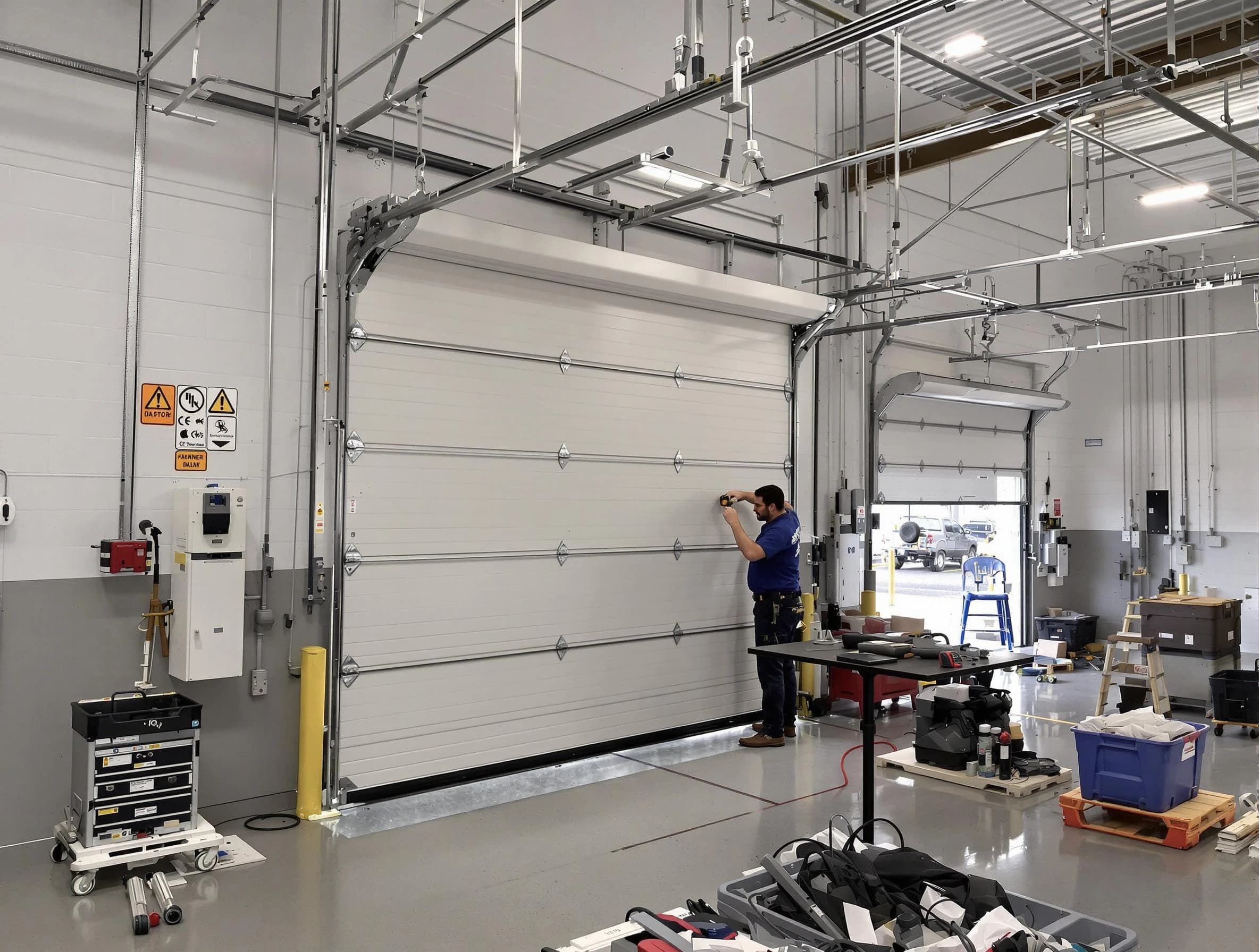 Commercial garage door repair being performed by Glen Allen Garage Door Repair expert in Glen Allen