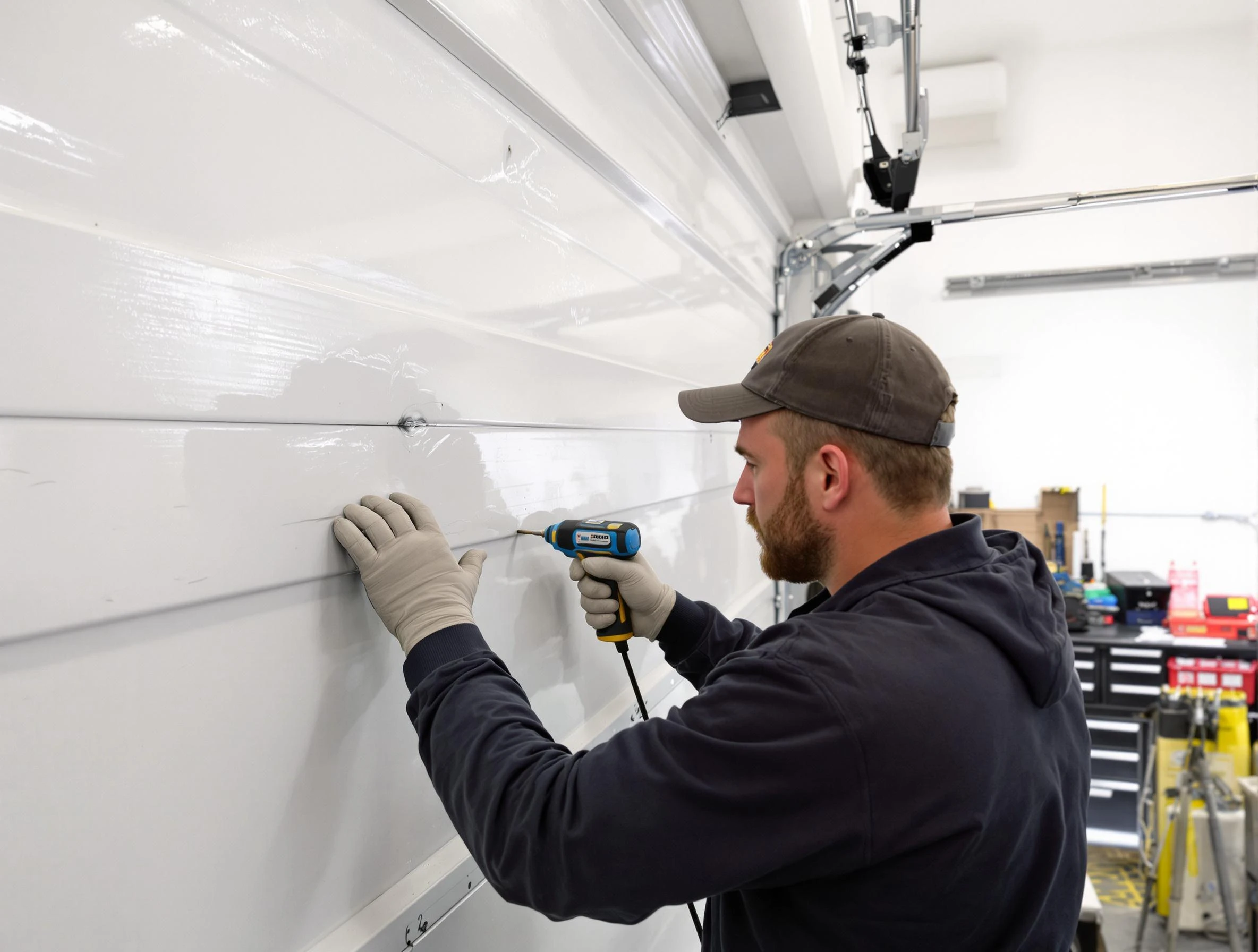 Glen Allen Garage Door Repair technician demonstrating precision dent removal techniques on a Glen Allen garage door